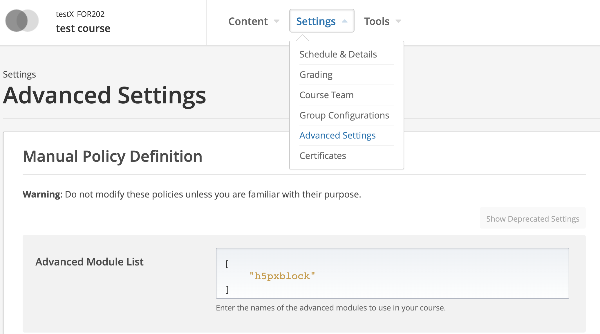 Update course advanced settings