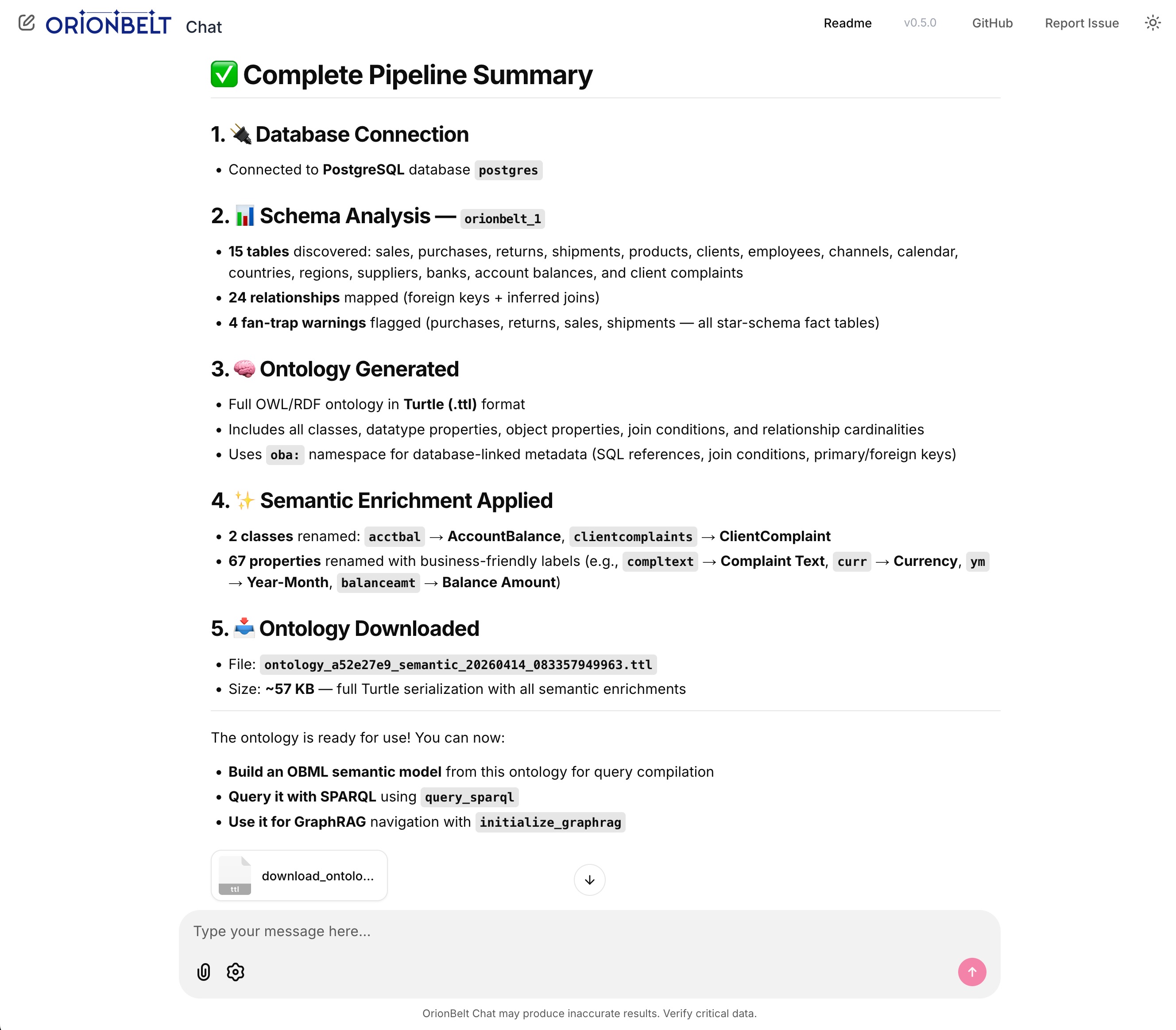 OrionBelt Chat — Ontology generation pipeline with file download