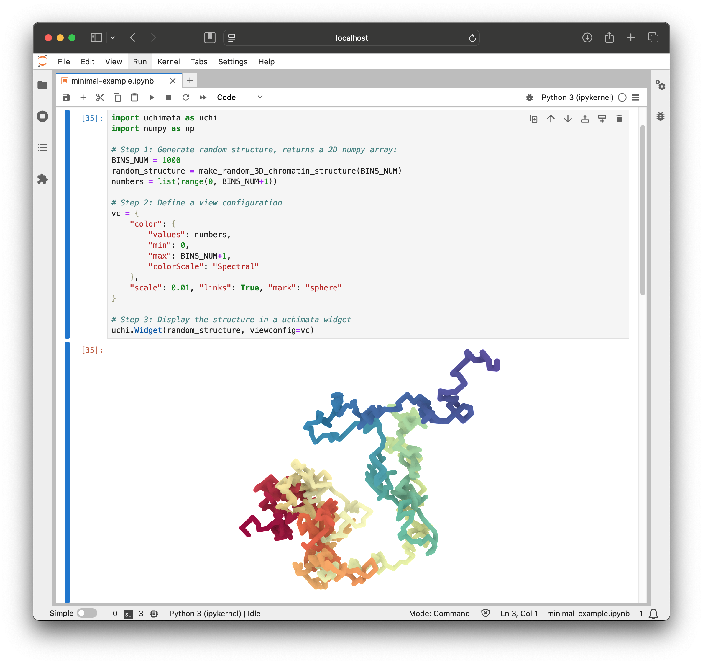colorful squiggly thick line depicting 3D chromatin running in jupyter
notebook