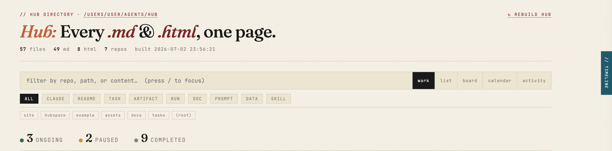 Hub — Every .md & .html, one page