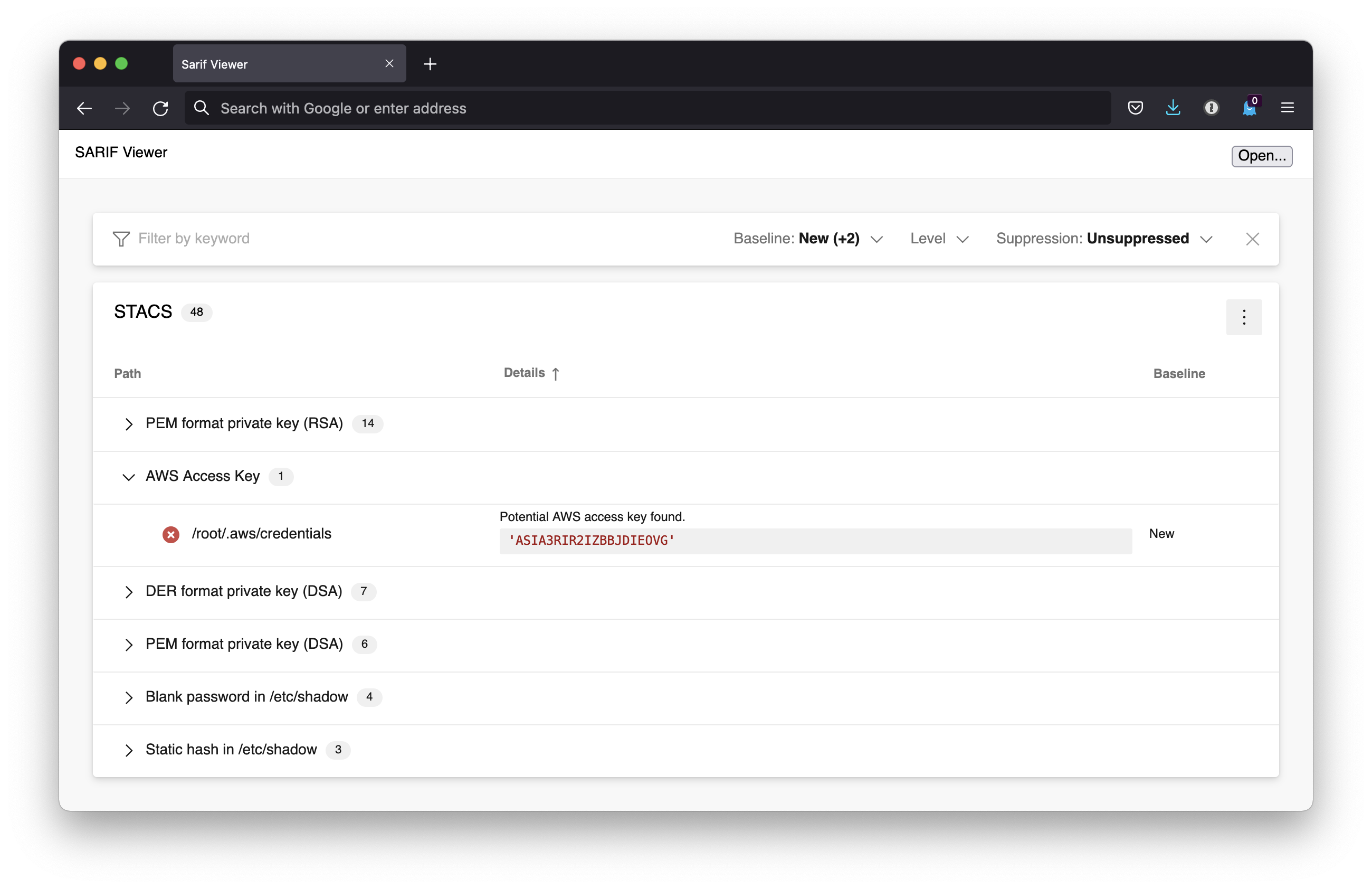 Microsoft SARIF Viewer Output