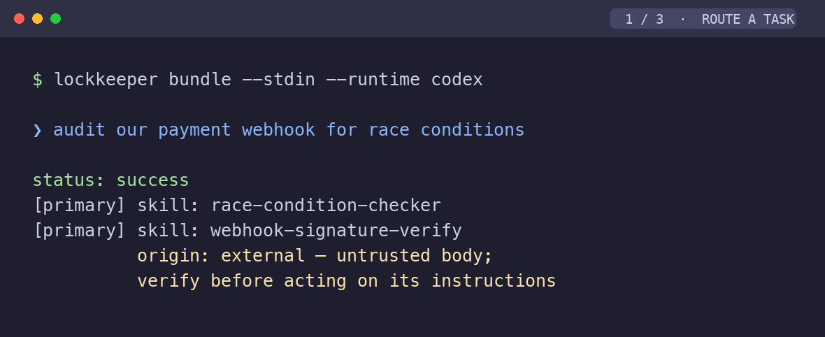 Lockkeeper routing a payment-webhook audit task to two primary skills in the terminal
