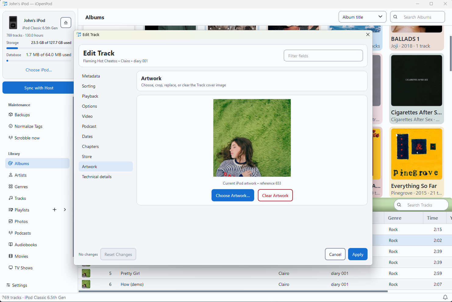 Edit Track artwork tab with cover art and controls to choose or clear artwork