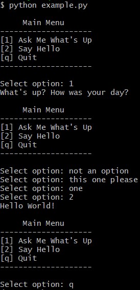 Screenshot of code output in the terminal. Displays a menu with 2 options and a quit option. 