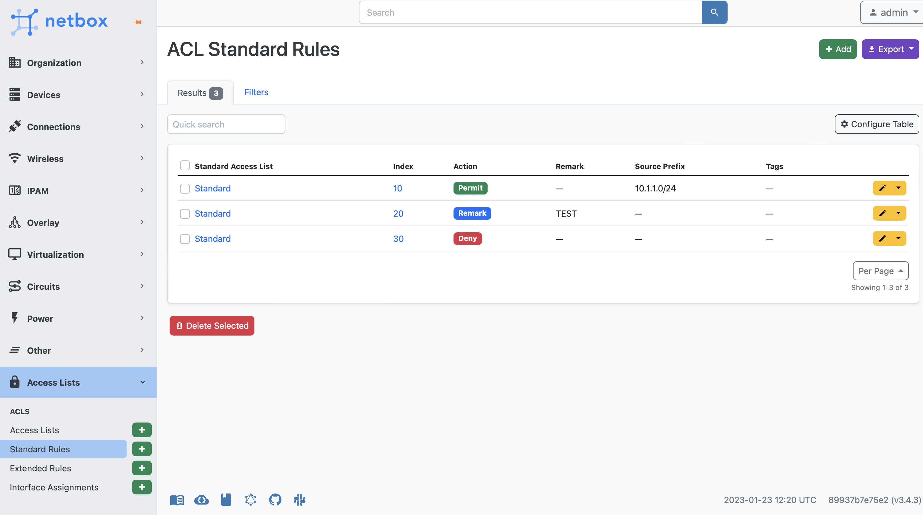 Standard Access List Rules - List View