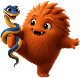 The tvlogo.monster mascot with a blue and yellow python wrapped around his raised foot