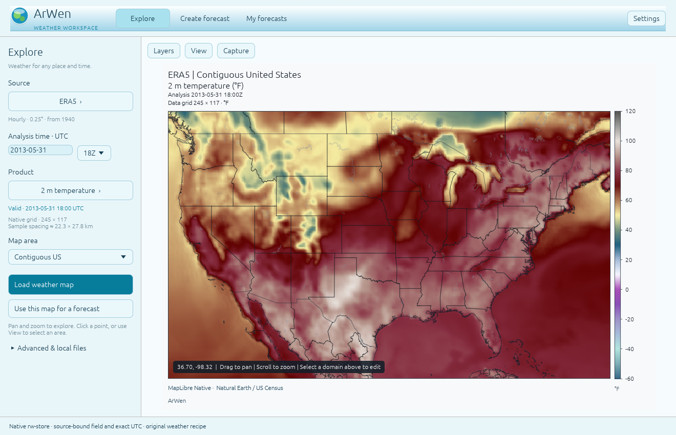 ArWen Desktop showing an ERA5 temperature field