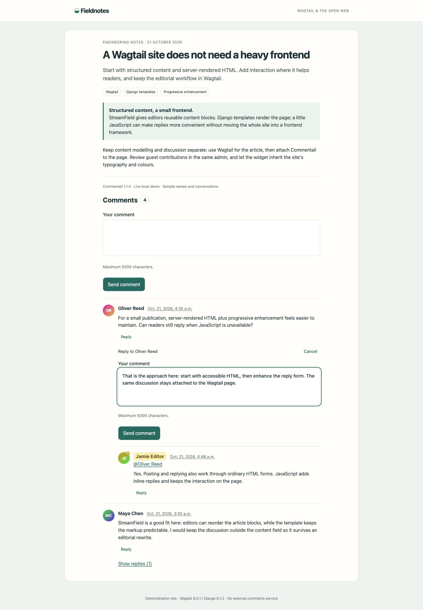 Inline reply form addressed to a reader, beside the existing discussion