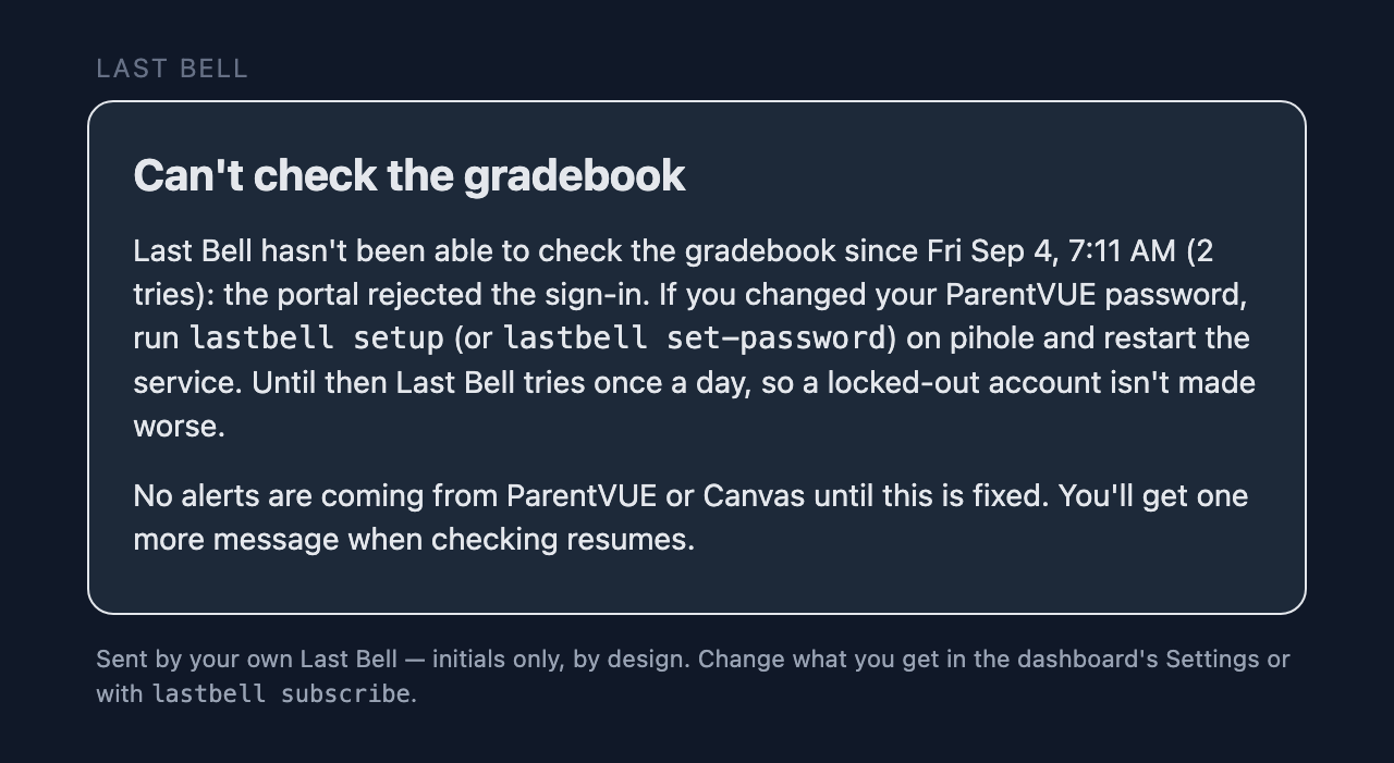 The watcher-health notice: can't check the gradebook, and what to do