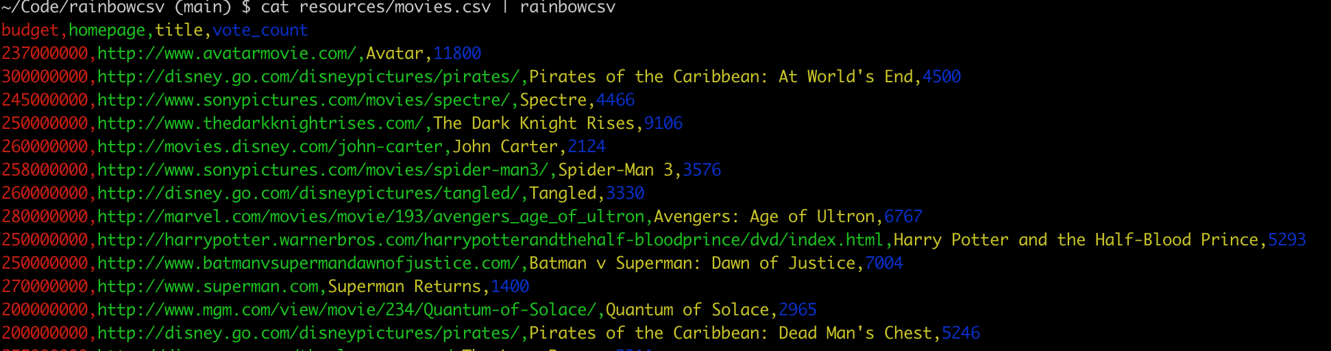 Simple rainbowcsv output
