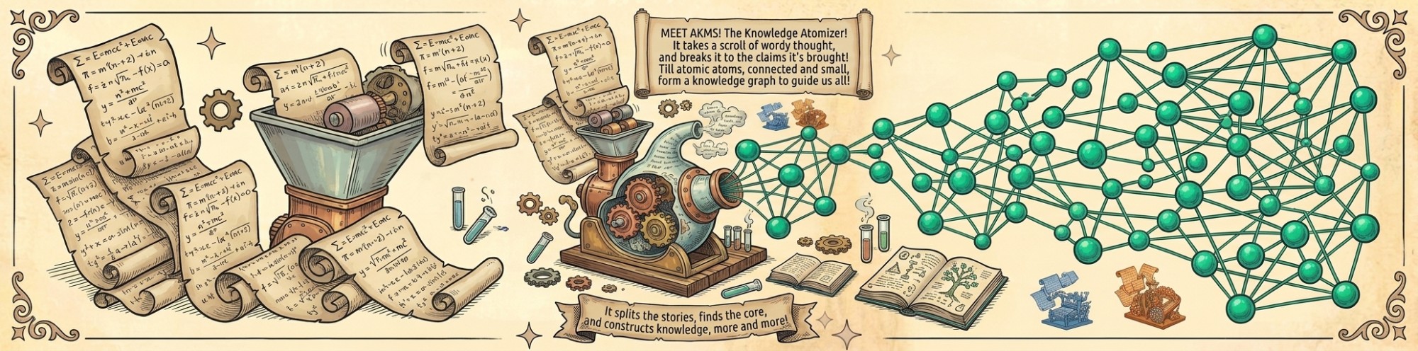 AKMS, the knowledge atomizer: scrolls of equations go into a machine that breaks them into claims and emits a connected knowledge graph