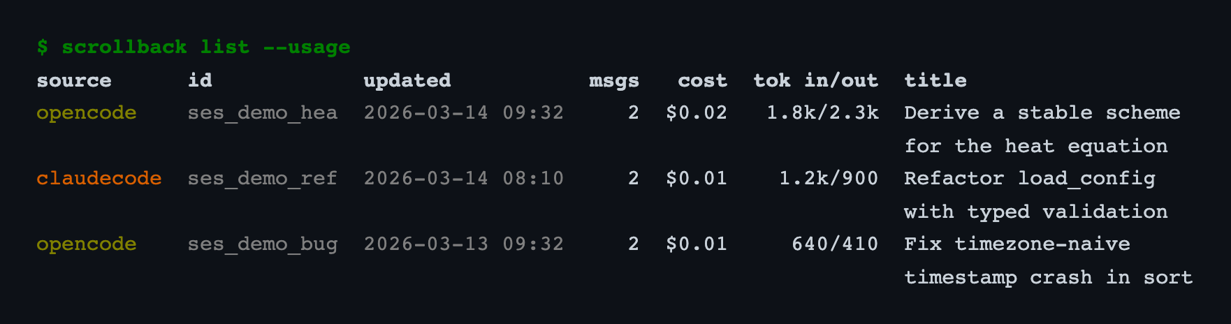 scrollback listing recent sessions in the terminal.