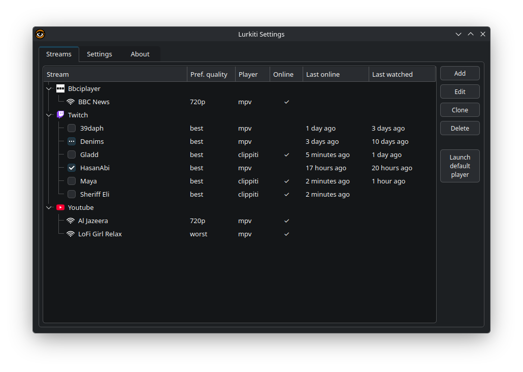 Streams Settings window