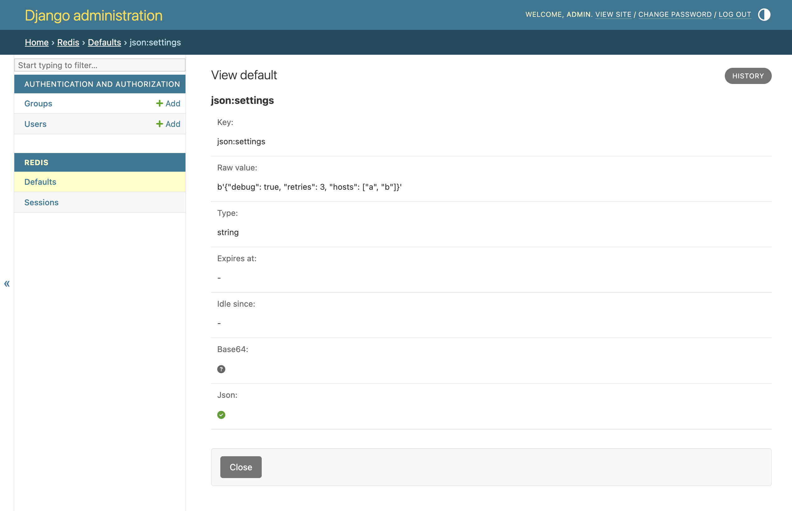 The detail page for the json:settings key with the raw value, type, expiry and decoding flags