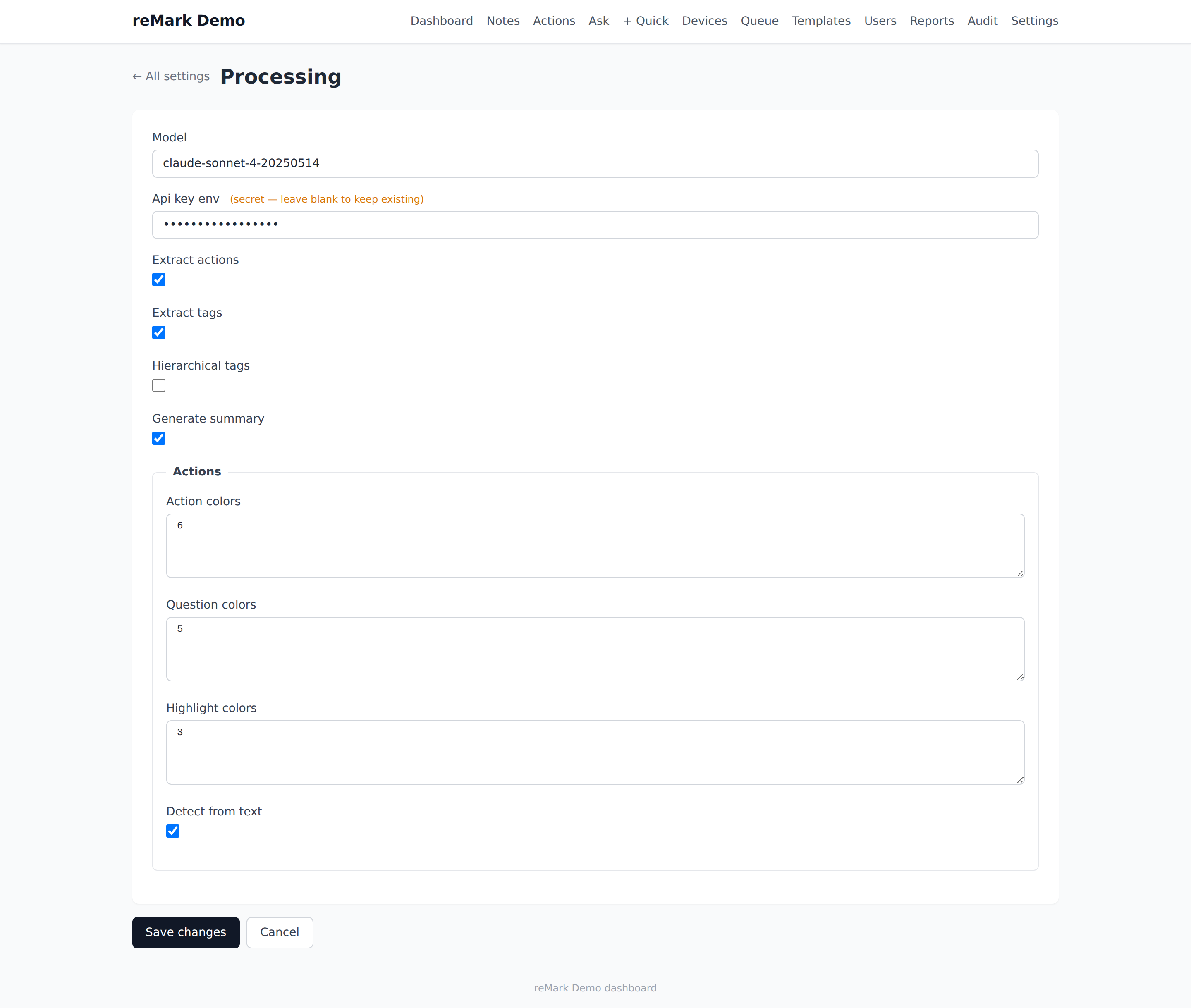 Processing settings form