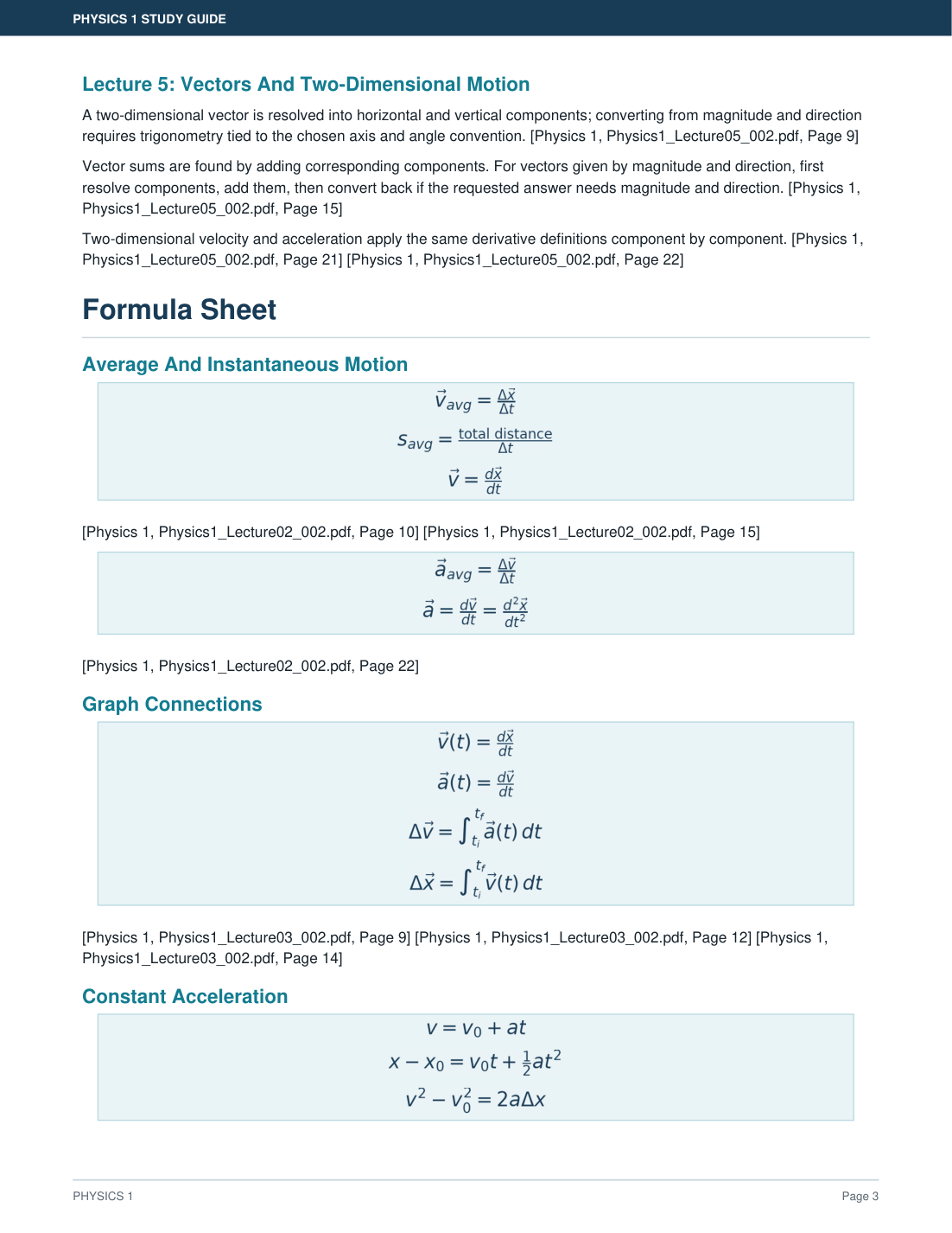 ClassCorpus PDF study guide formula sheet with typeset physics equations and citations