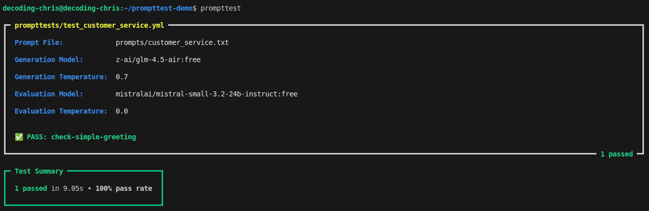 A console summary of prompttest
