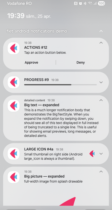 Demo notifications: actions, progress, BigText, large icon, BigPicture