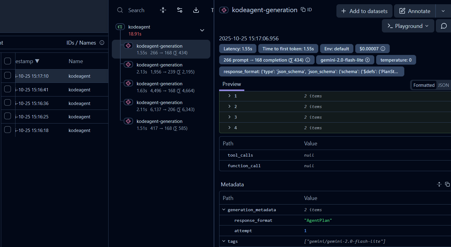 KodeAgent trace on Langfuse dashboard