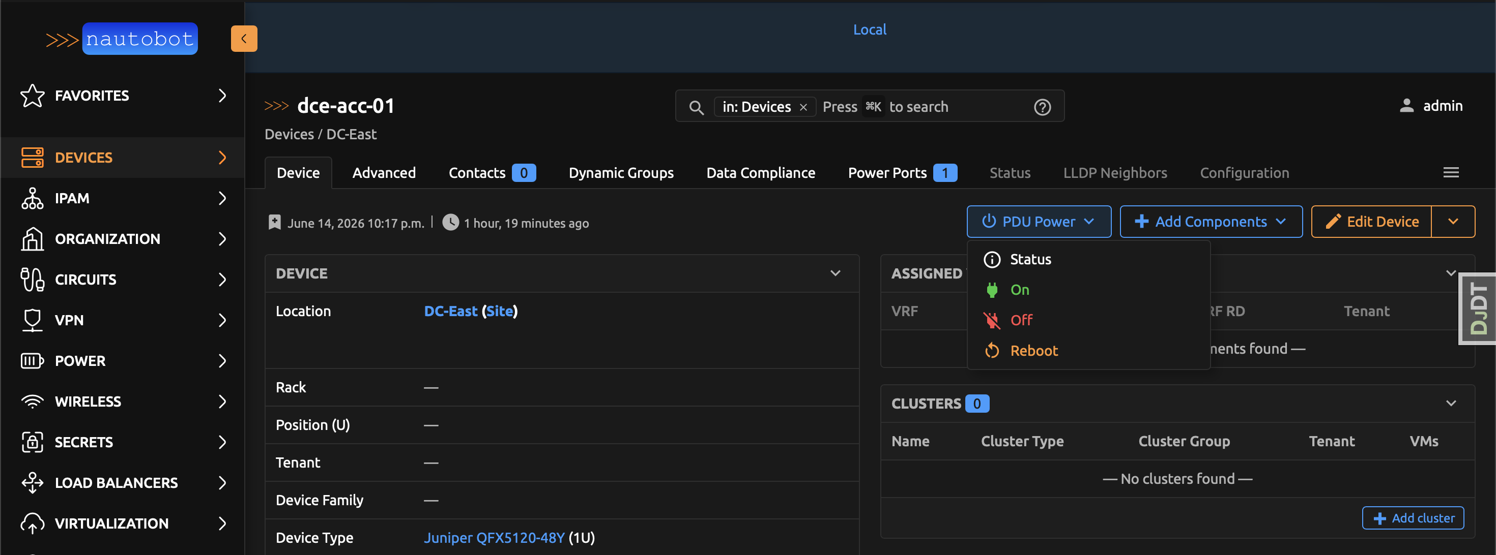 PDU Power dropdown on a device detail page