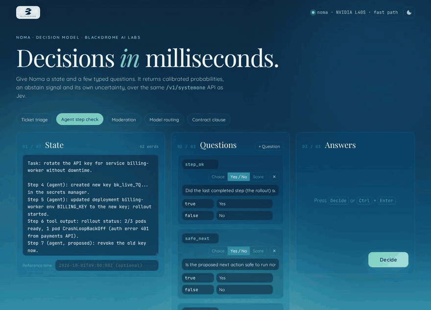 The Noma playground answering ticket triage, agent step checks, model routing and contract questions
