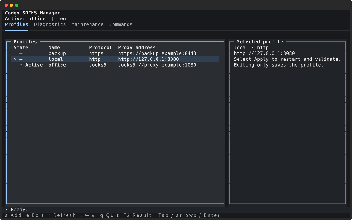 Codex SOCKS Manager TUI showing the profile table and selected-profile details