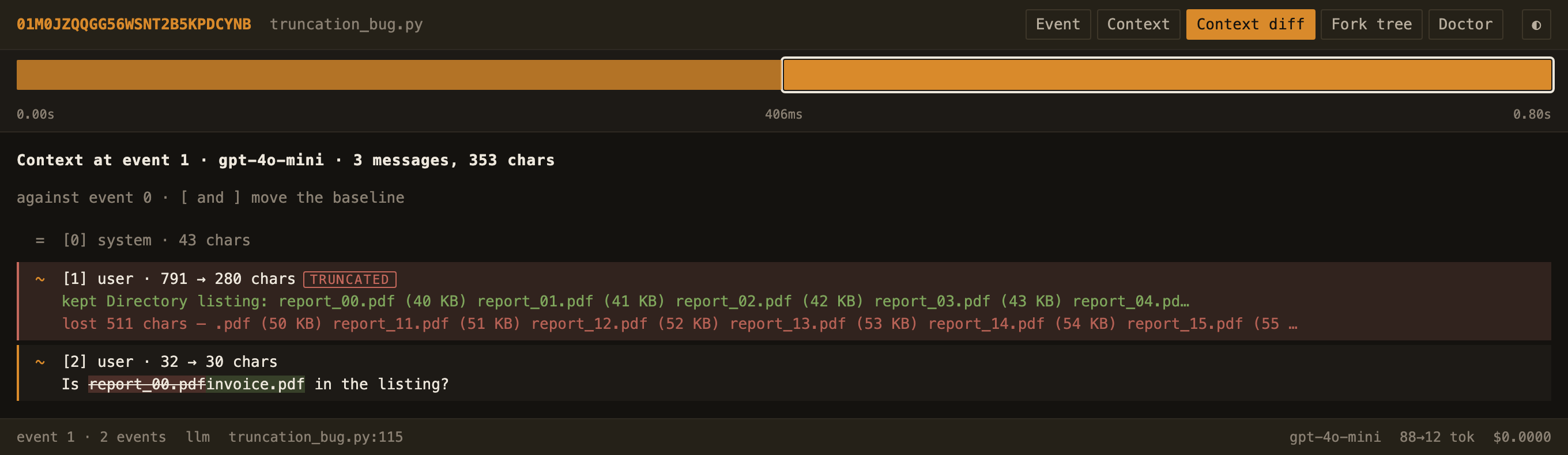 The tape ui context diff: a user message flagged TRUNCATED, with the 280 characters it kept above the 511 it lost