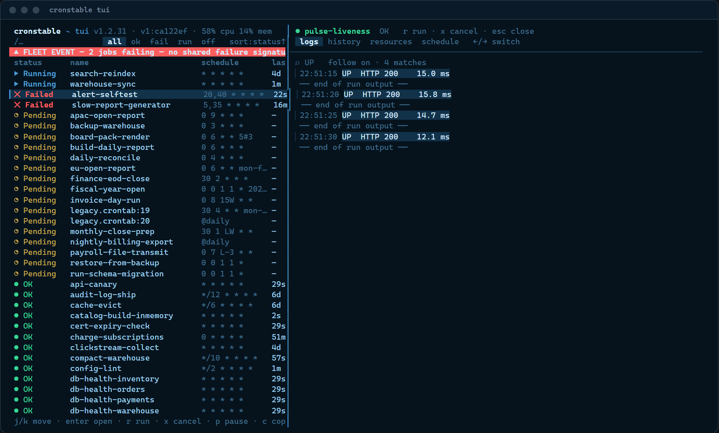 The Logs tab: a live SSE tail with per-line timestamps, in-log search with match highlighting, and end-of-run markers between runs