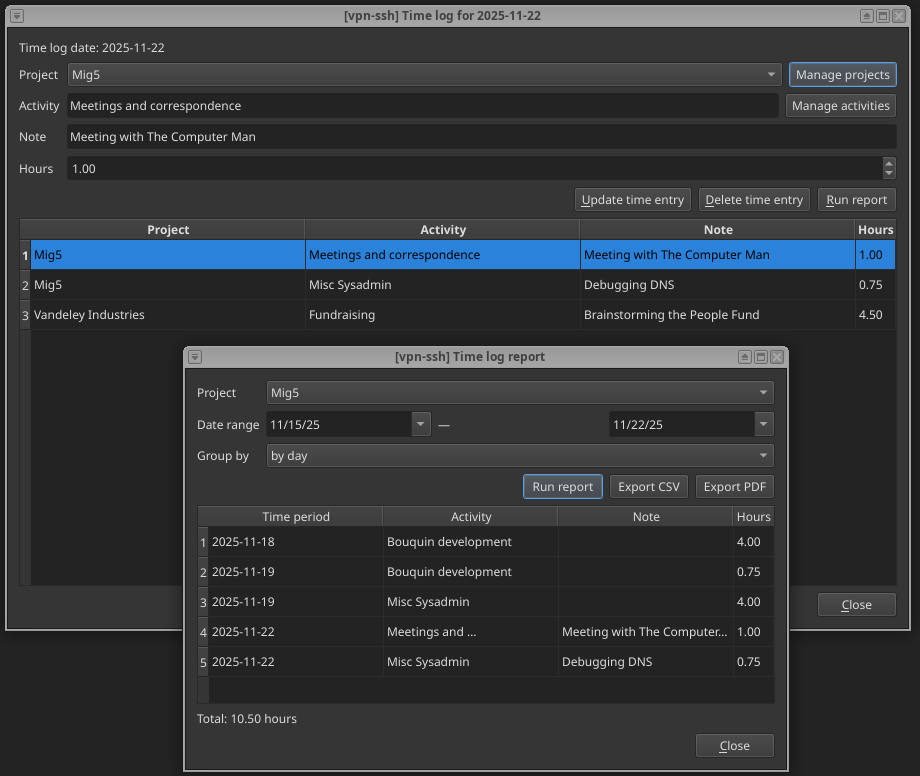 Screenshot of Bouquin Time Log screens