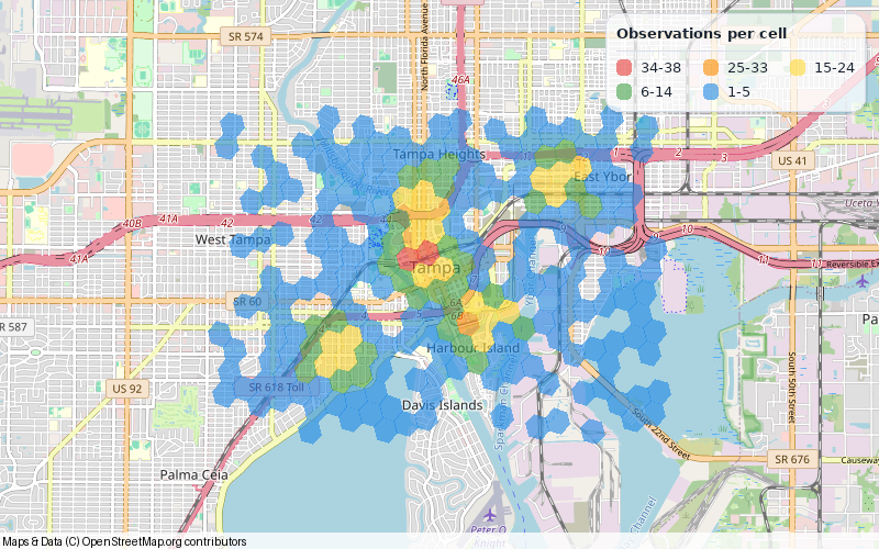 A clustered H3 heatmap of synthetic activity across downtown Tampa, rendered by Heatfall