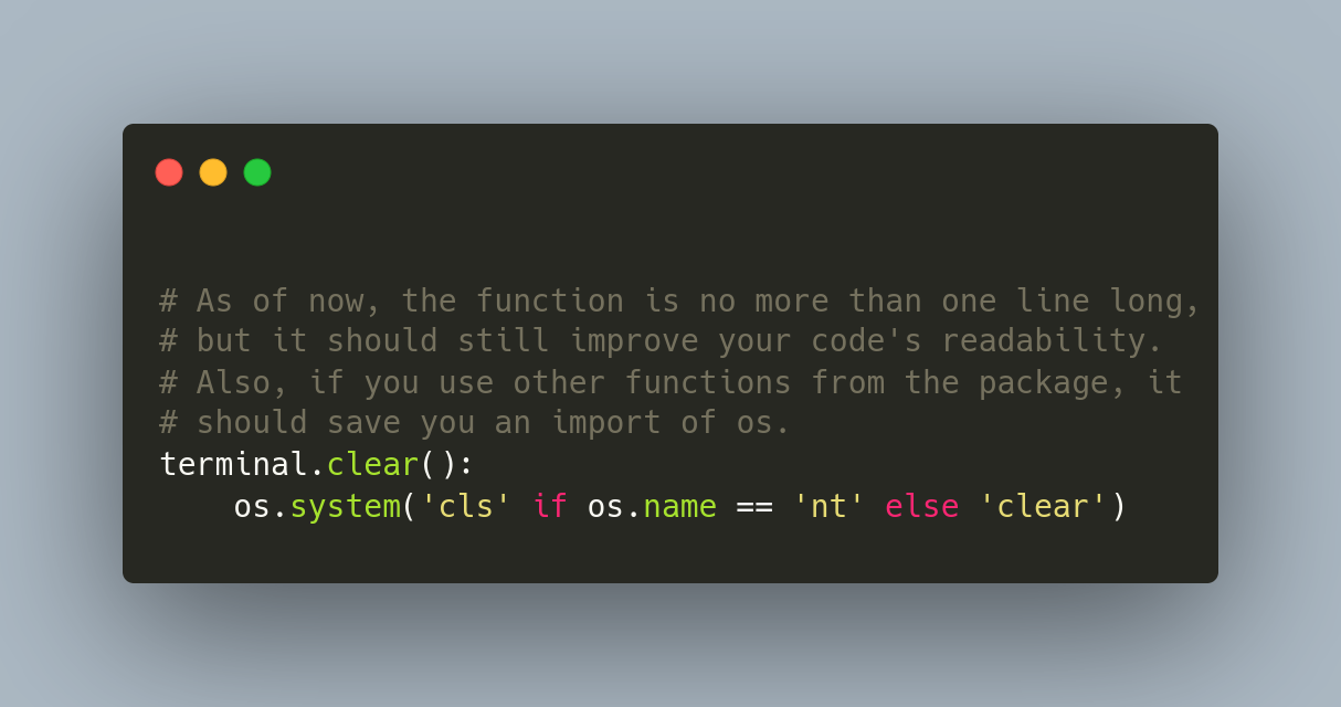 terminal.clear() example