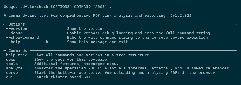 Screenshot of the pdflinkcheck CLI Tree Help
