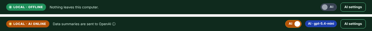 Top bar with AI off (top) and AI on with a remote service (bottom)