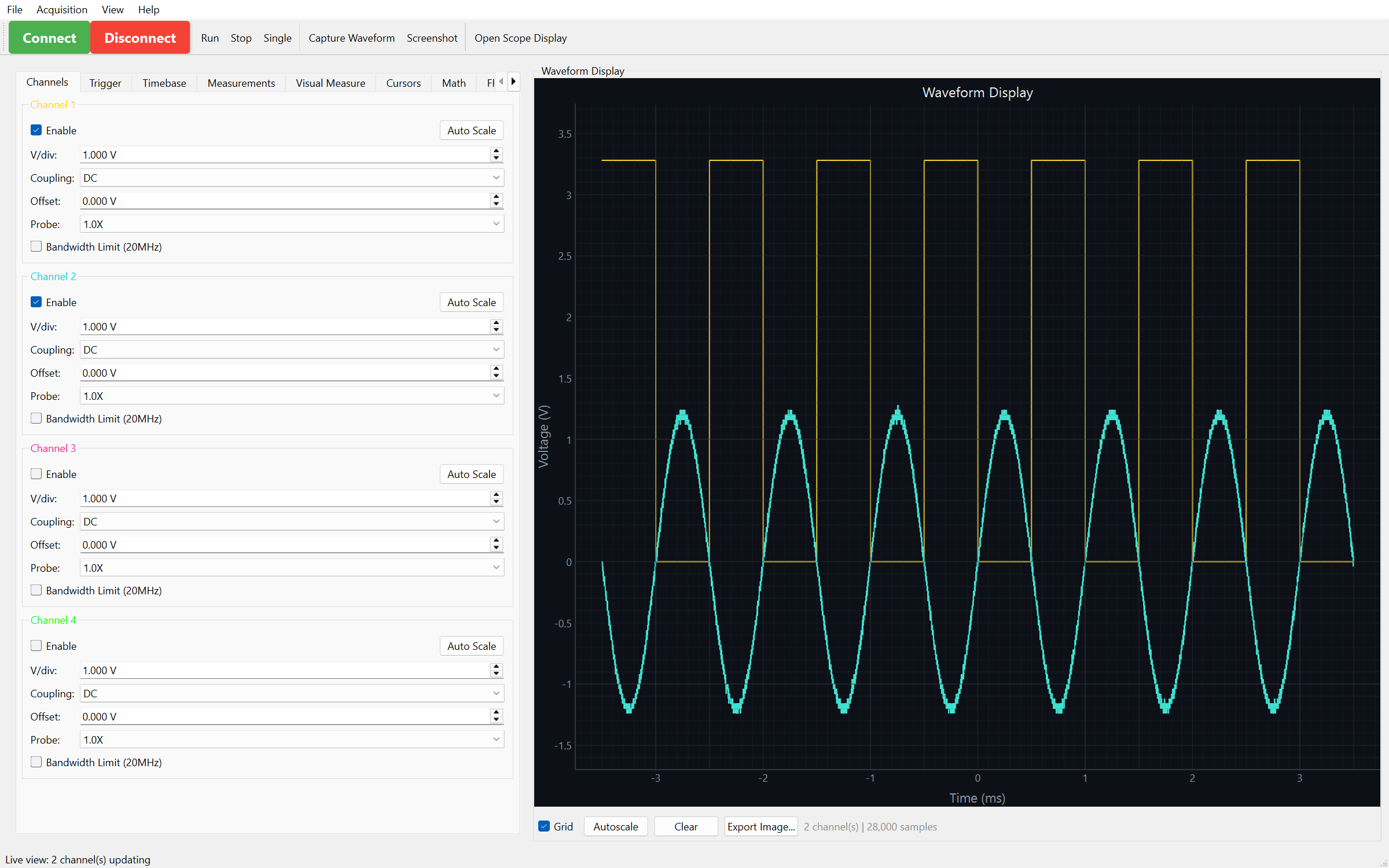 The PyQt6 desktop application showing two live channels — a 1 kHz square wave and a noisy sine