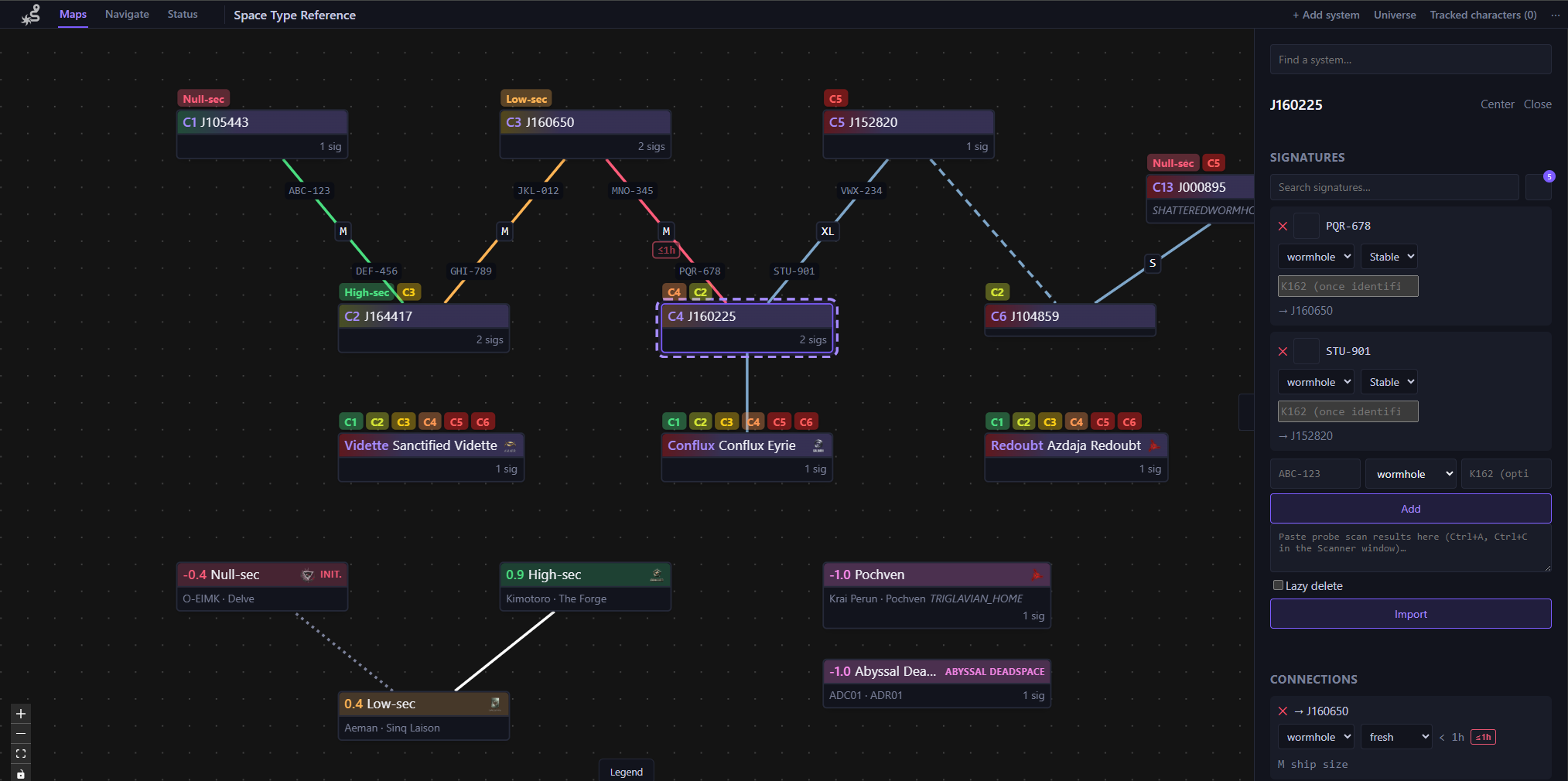 The map view, with a system's signatures/connections open in the side panel