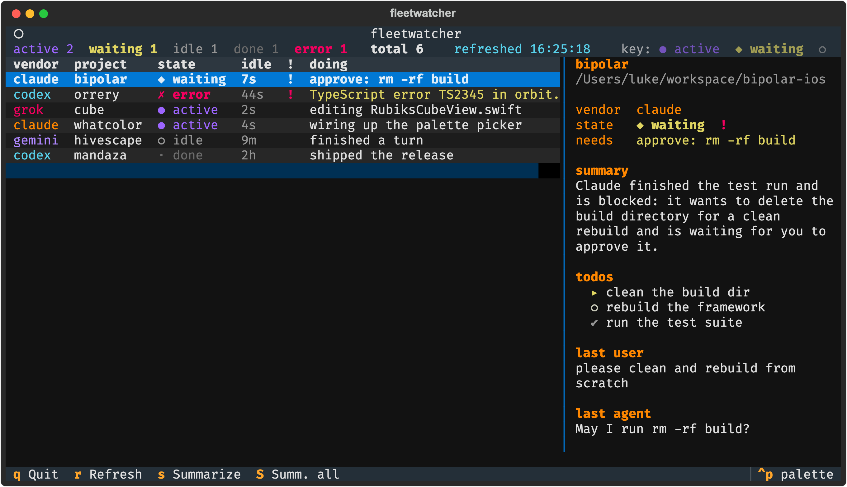 The fleetwatcher dashboard: a fleet of coding sessions colored by vendor and state, with a detail panel for the selected session.