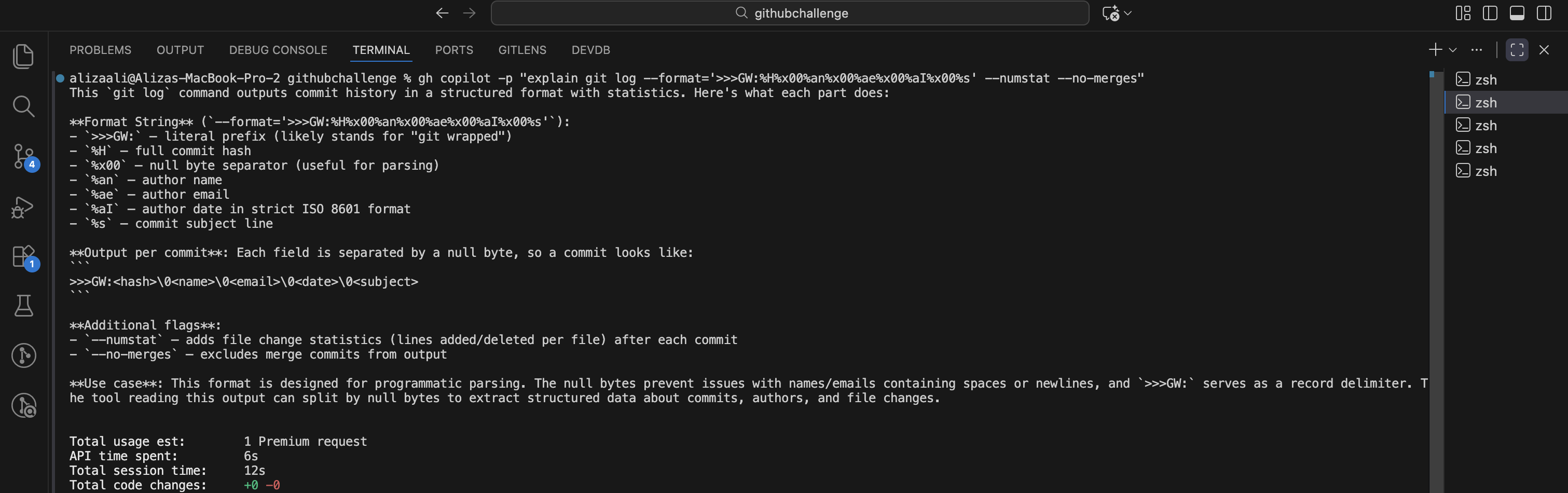 Copilot CLI explaining git log format