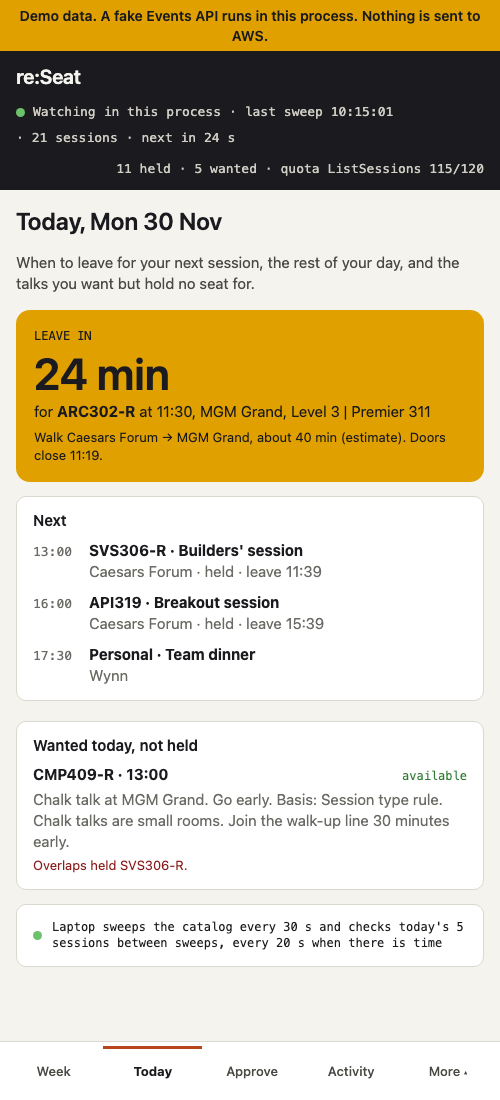 Today: leave-in countdown, next sessions, wanted sessions with queue-or-go advice