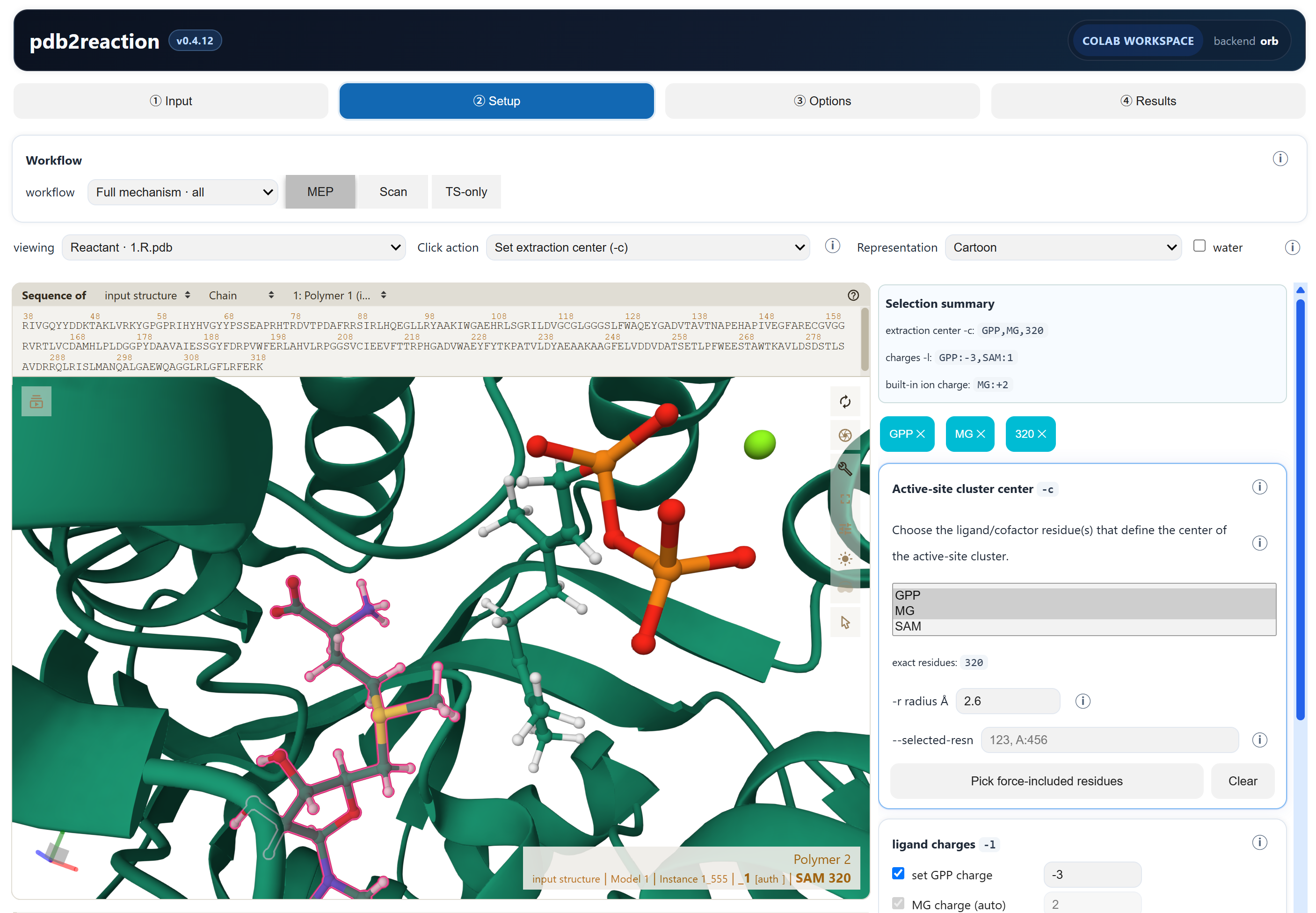 pdb2reaction Colab GUI workspace showing Mol* structure setup and active-site selection controls