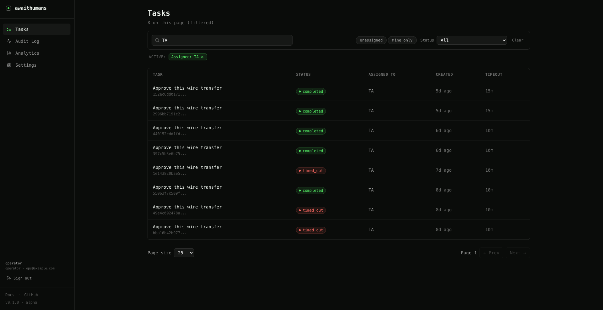 The awaithumans dashboard — pending tasks queued for human review