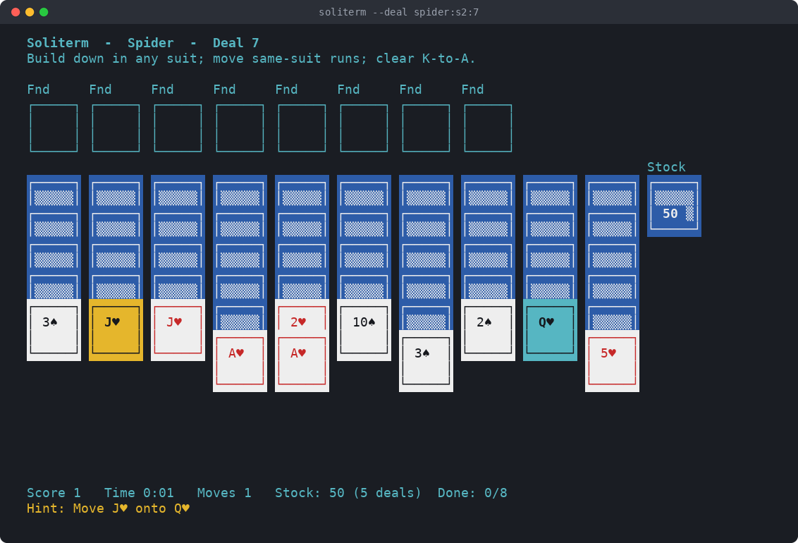 Two-suit Spider deal 7 after one move, an A♥ onto a 2♥: ten columns of face-down cards with a card face up on each, two on the fifth, the stock holding 50 cards, and the hint "Move J♥ onto Q♥".