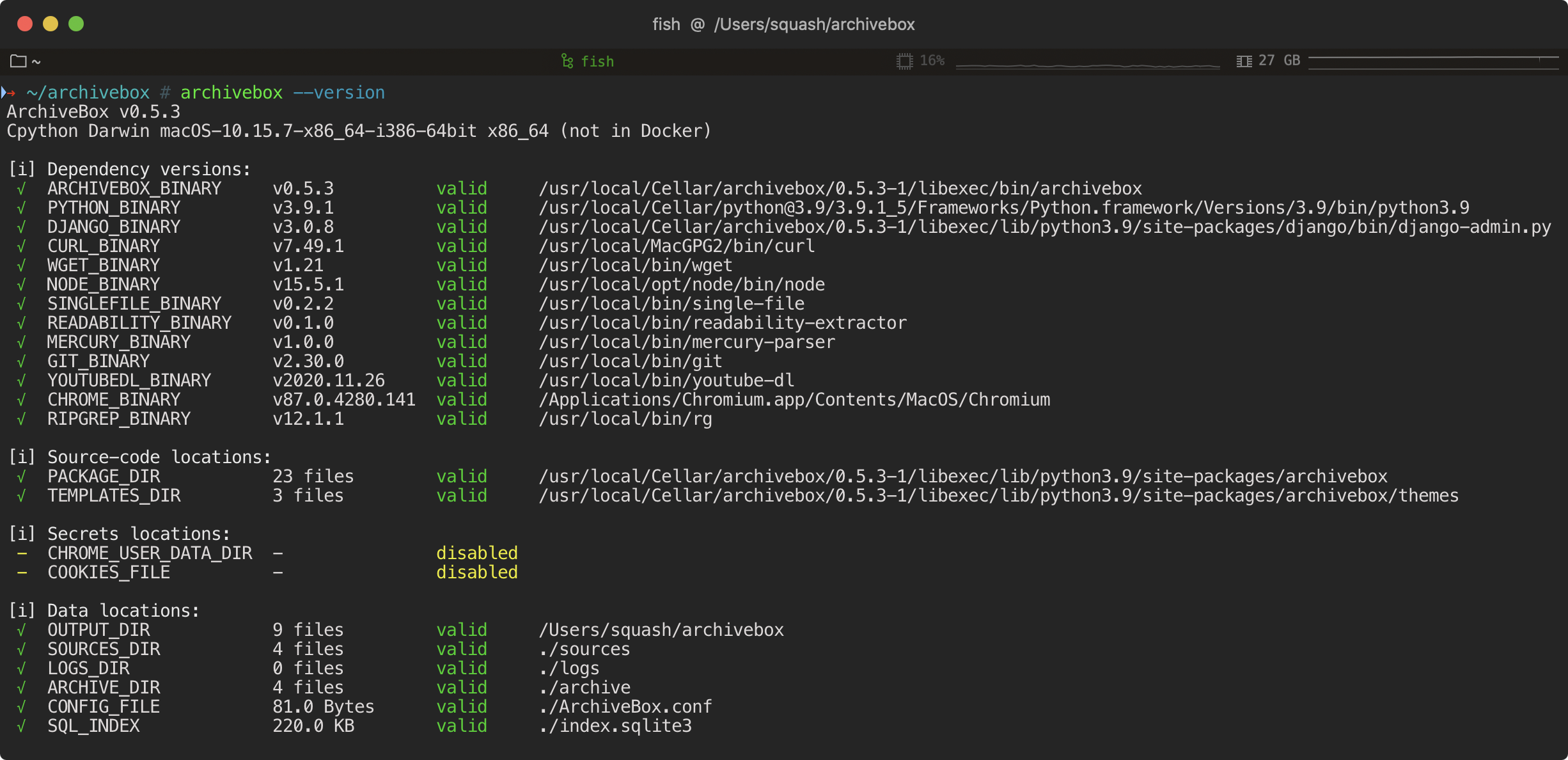 archivebox --version CLI output screenshot showing dependencies installed