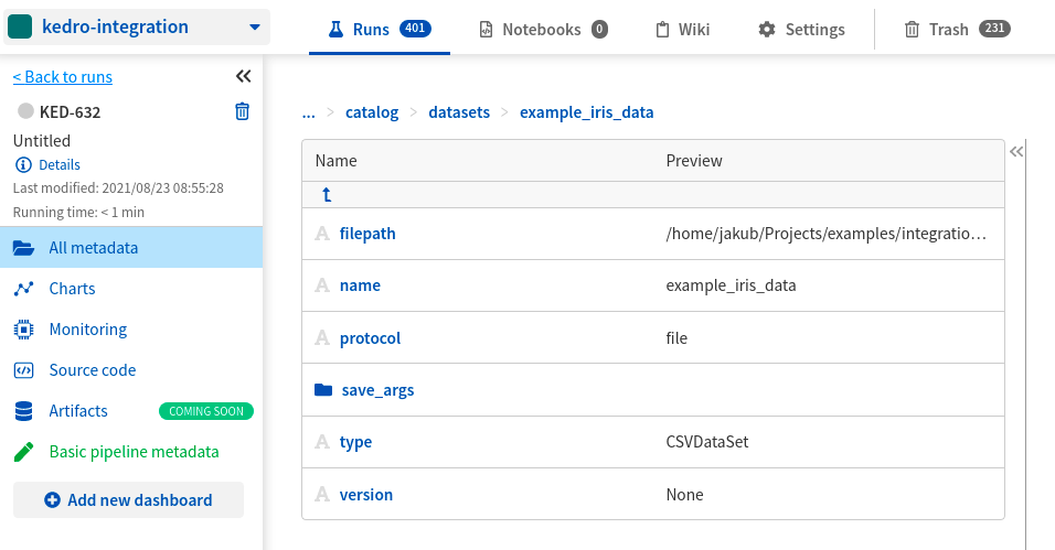 Dataset metadata logged from Kedro to Neptune UI