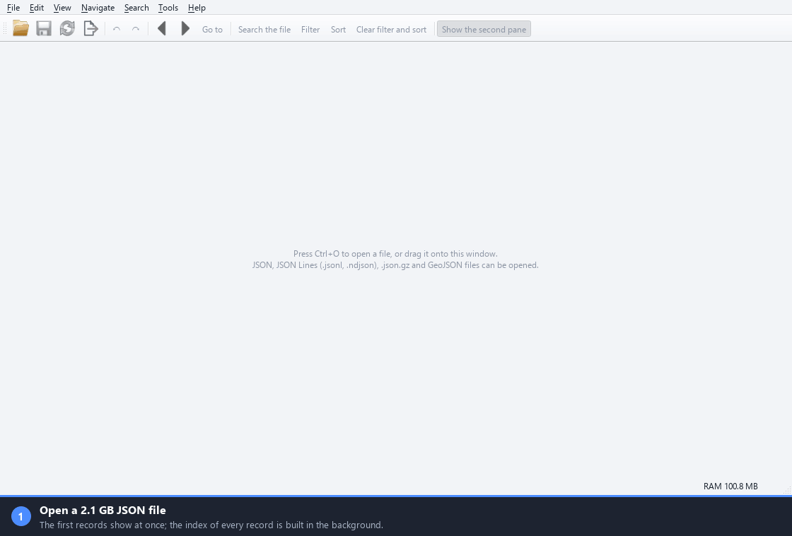 Demo: jsonreshape opens a 2.1 GB JSON file with 6.5 million records, searches every record, filters it with an expression and exports the result to CSV
