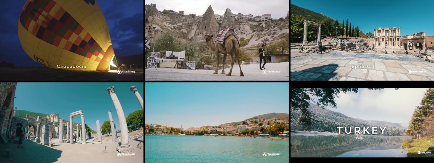 Frames of the teaser it made: the balloon at dawn, the camel, two Ephesus shots, the Datça coast, the misty lake with the title TURKEY