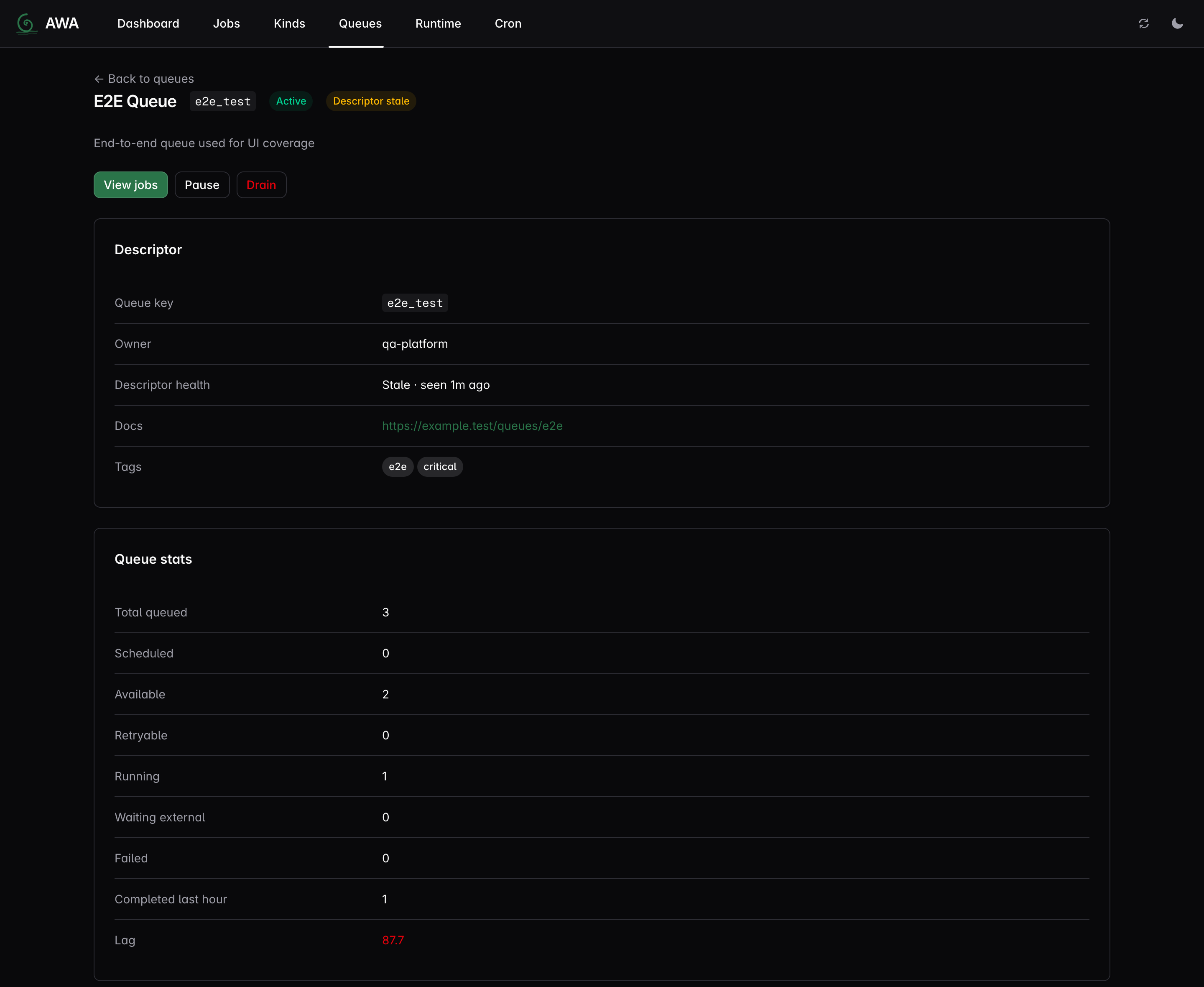 AWA Web UI — Queue detail (dark mode)