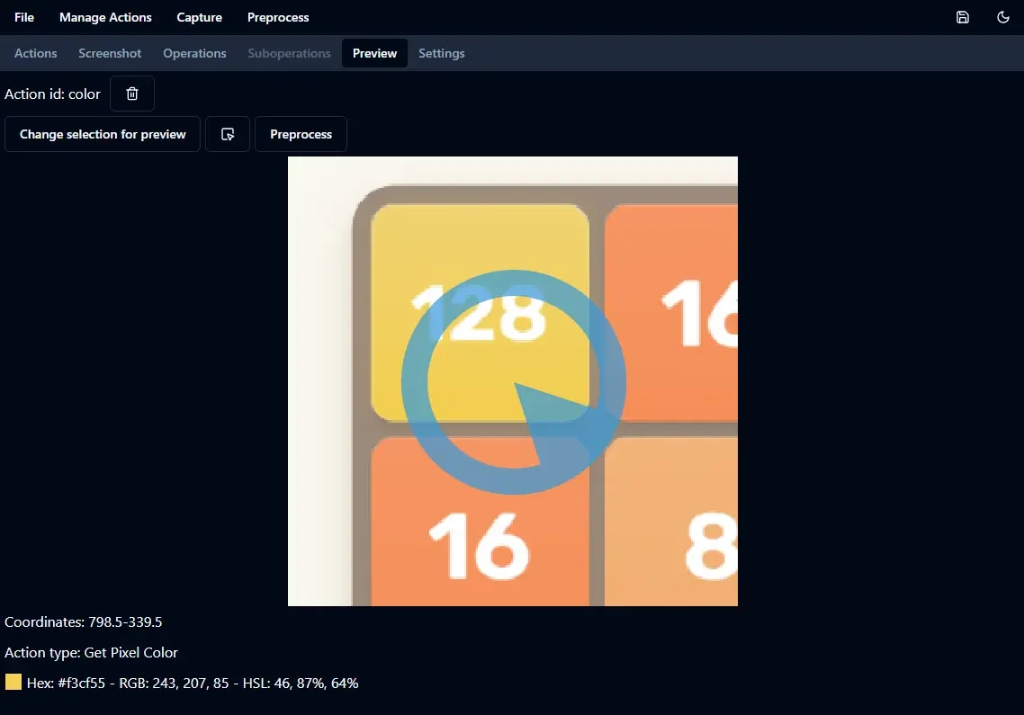 Preview of the action getColor.
