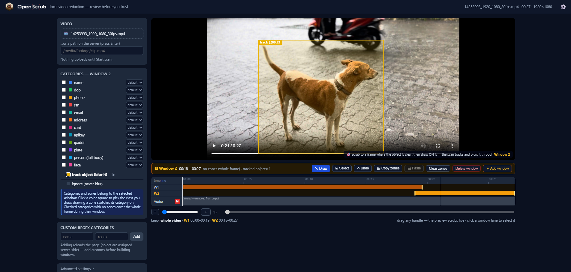 Drawing a track box around a subject in the editor; OpenScrub detects the object, tracks it, and blurs it through the detection window