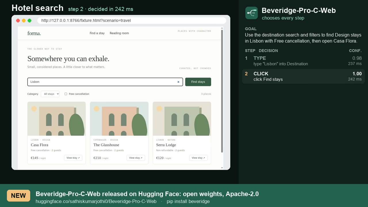 Beveridge-Pro-C-Web browsing live: every step a typed decision (video)