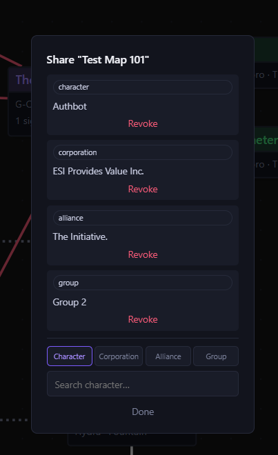 Sharing a map with a character, corporation, alliance, or group